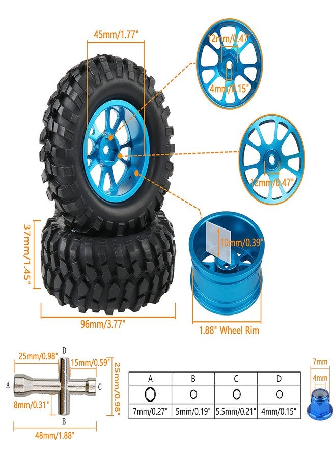 Rowiz Blue Aluminum 12mm Wheel Rim and OD 96mm Crawler Tires with Lock Nuts for 1:10 RC Rock Crawler Truck Tamiya CC01 F350 RC4WD D90 TF2 Gelande II etc, Pack of 4 - Image 3